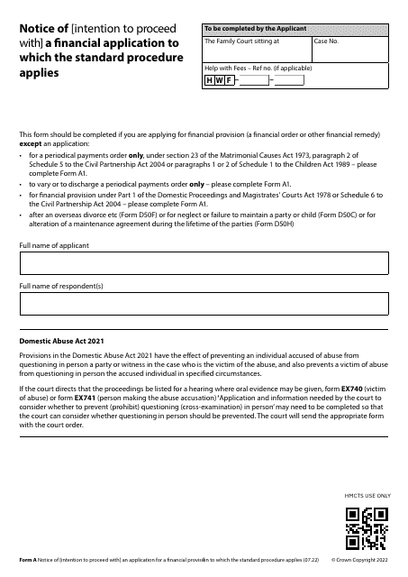 Form A Notice of Intention to Proceed With a Financial Application to Which the Standard Procedure Applies - United Kingdom