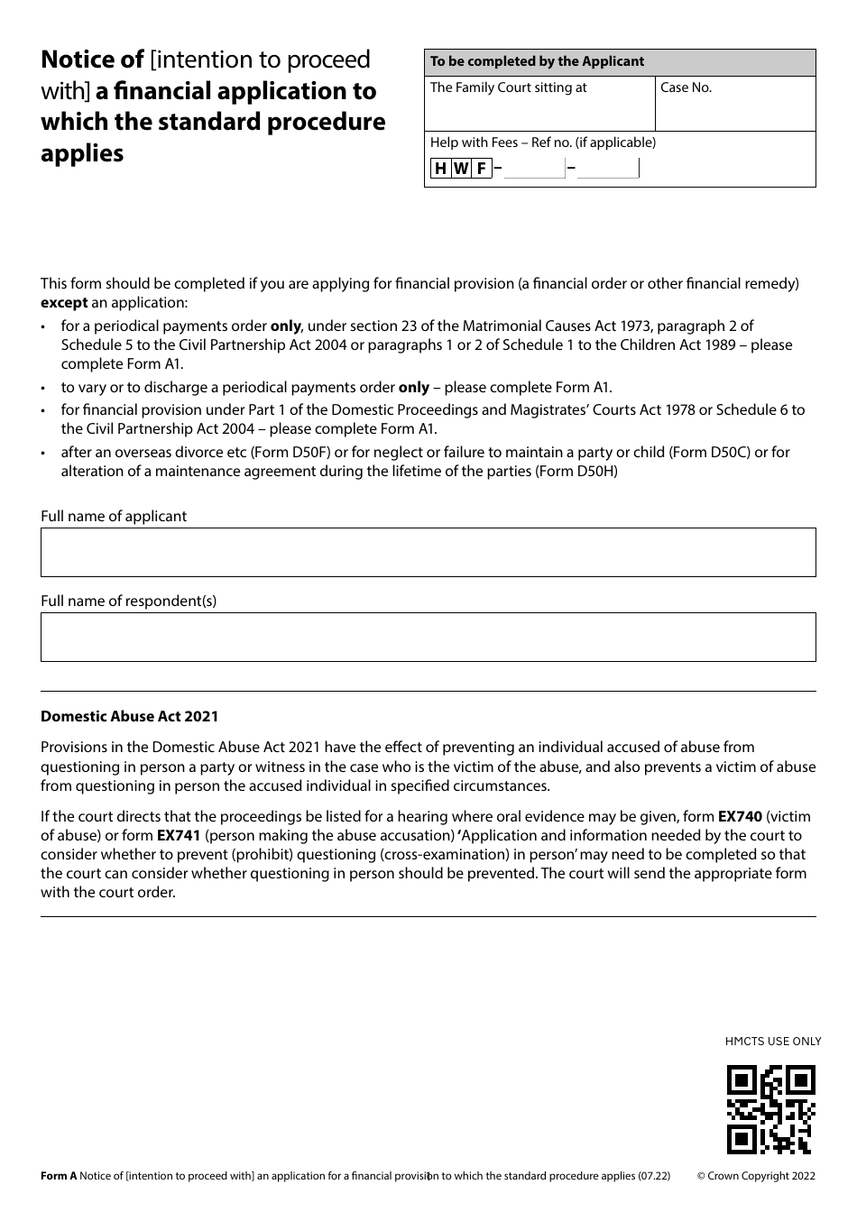 Form A Notice of Intention to Proceed With a Financial Application to Which the Standard Procedure Applies - United Kingdom, Page 1