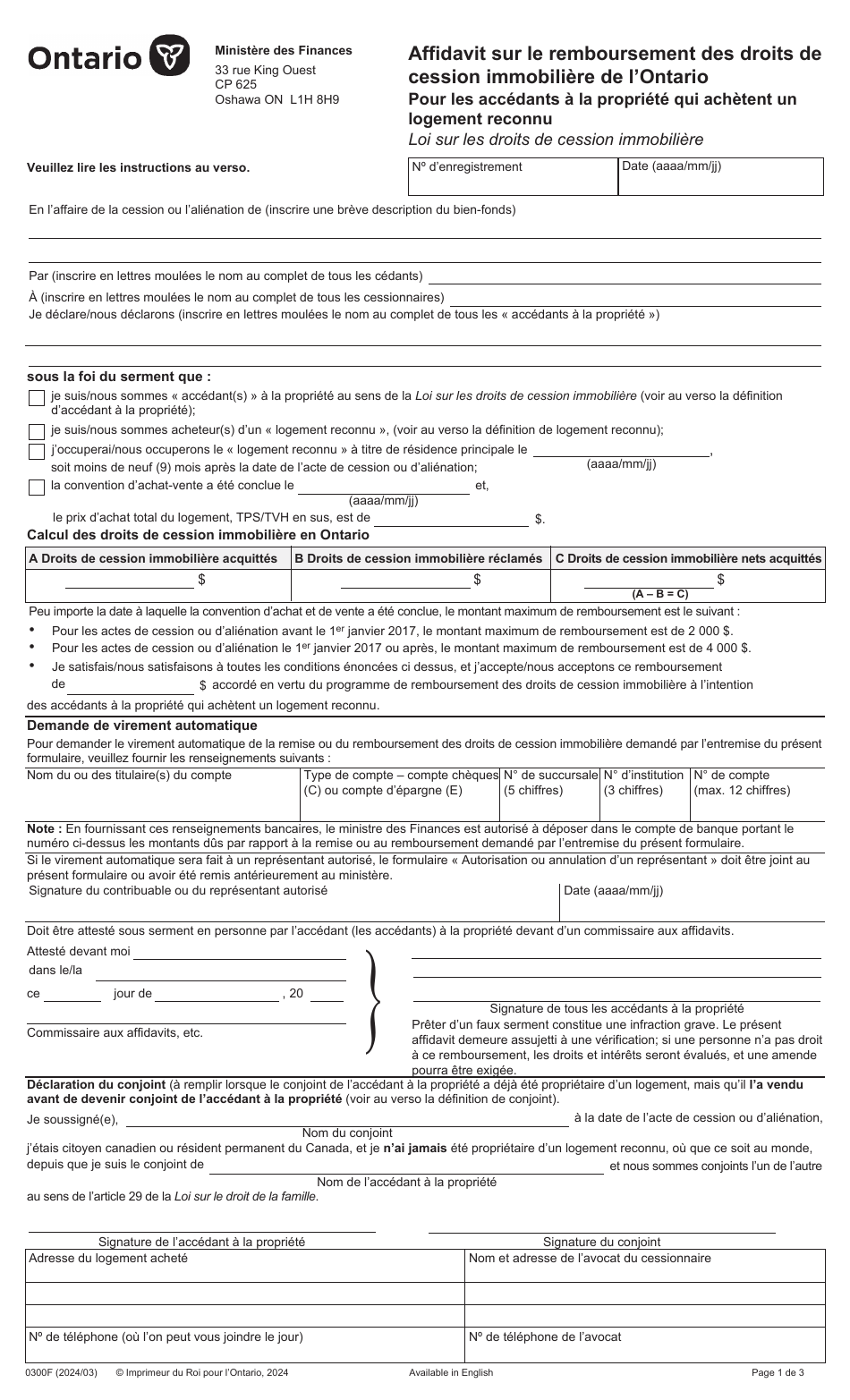 Forme 0300F Affidavit Sur Le Remboursement DES Droits De Cession Immobiliere De Lontario Pour Les Accedants a La Propriete Qui Achetent Un Logement Reconnu - Ontario, Canada (French), Page 1