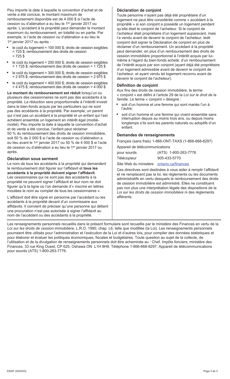 Forme 0300F Affidavit Sur Le Remboursement DES Droits De Cession Immobiliere De Lontario Pour Les Accedants a La Propriete Qui Achetent Un Logement Reconnu - Ontario, Canada (French), Page 3