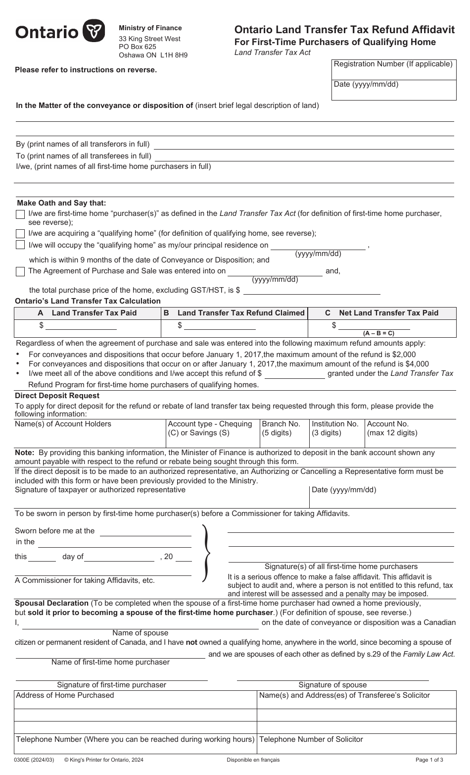 Form 0300E Download Fillable PDF or Fill Online Ontario Land Transfer ...