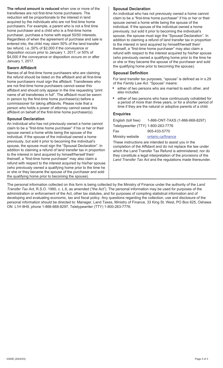 Form 0300E Ontario Land Transfer Tax Refund Affidavit for First-Time Purchasers of Qualifying Home - Ontario, Canada, Page 3
