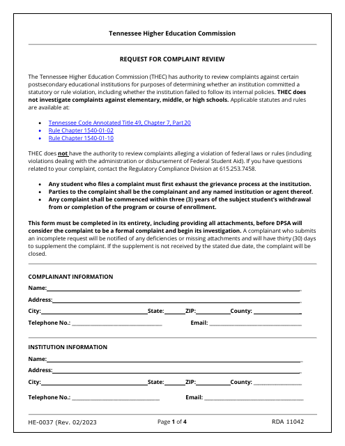 Form HE-0037 Request for Complaint Review - Tennessee