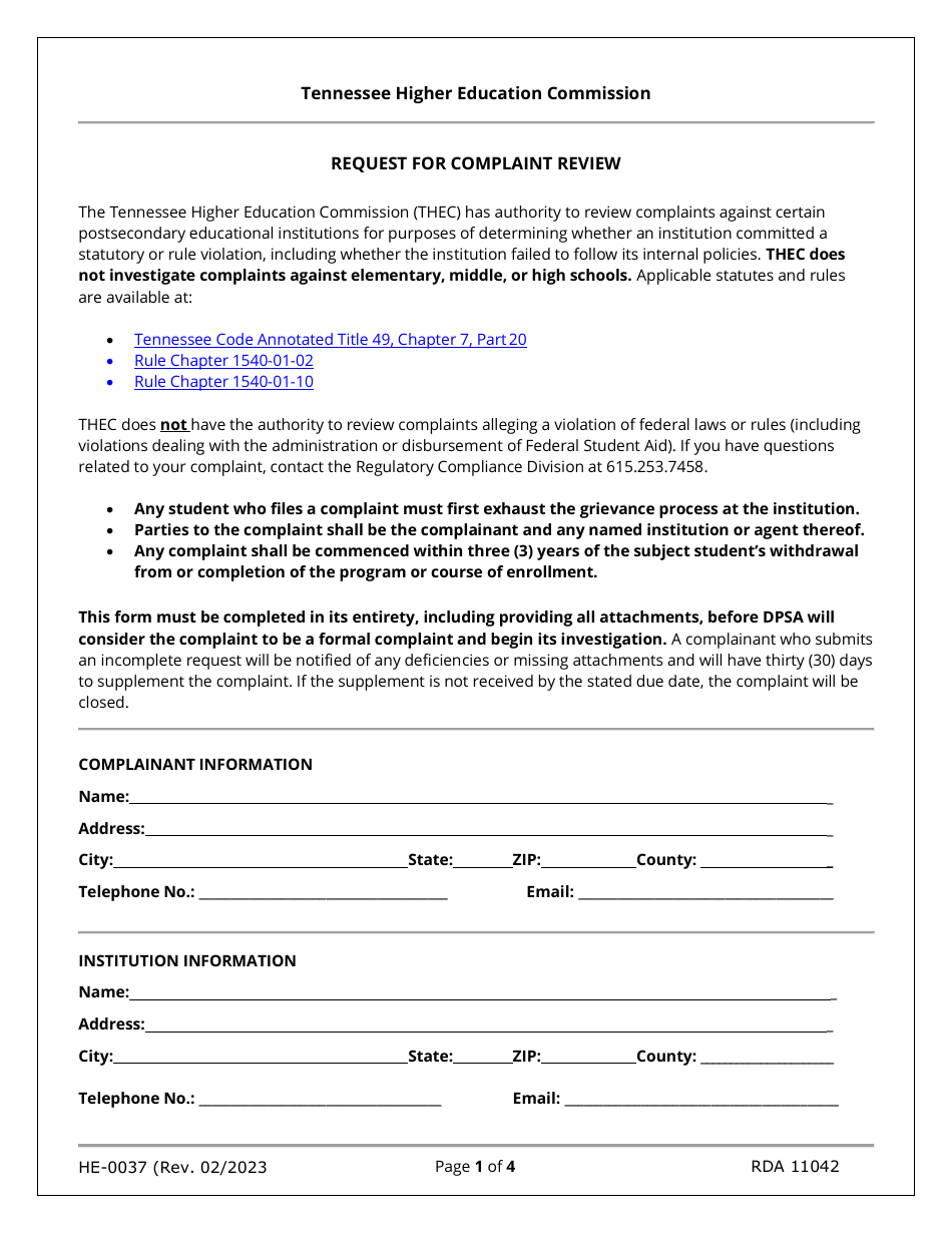 Form HE-0037 Request for Complaint Review - Tennessee, Page 1