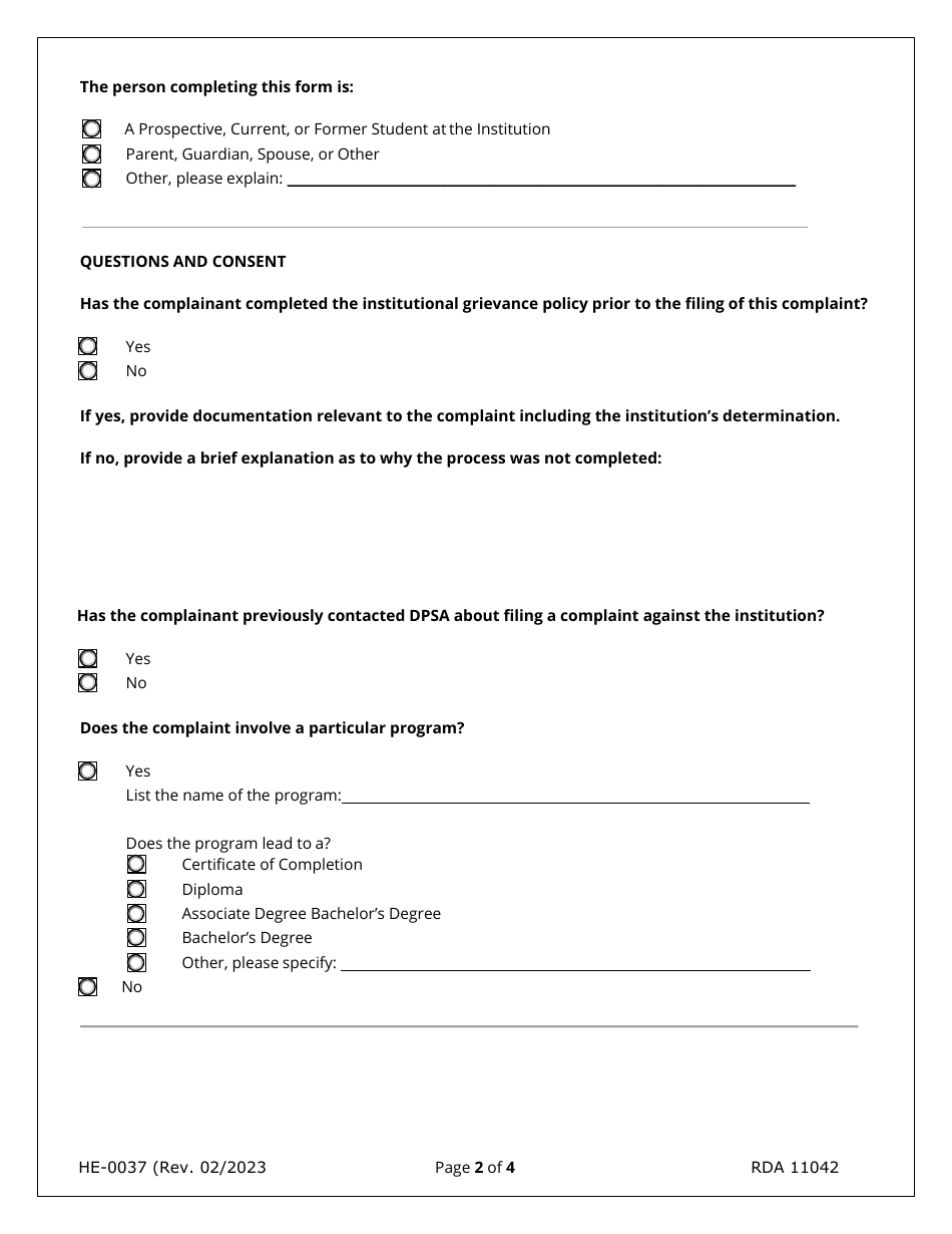 Form HE-0037 Request for Complaint Review - Tennessee, Page 2