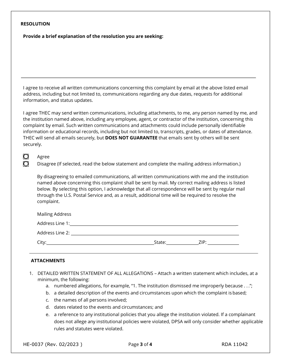Form HE-0037 Request for Complaint Review - Tennessee, Page 3