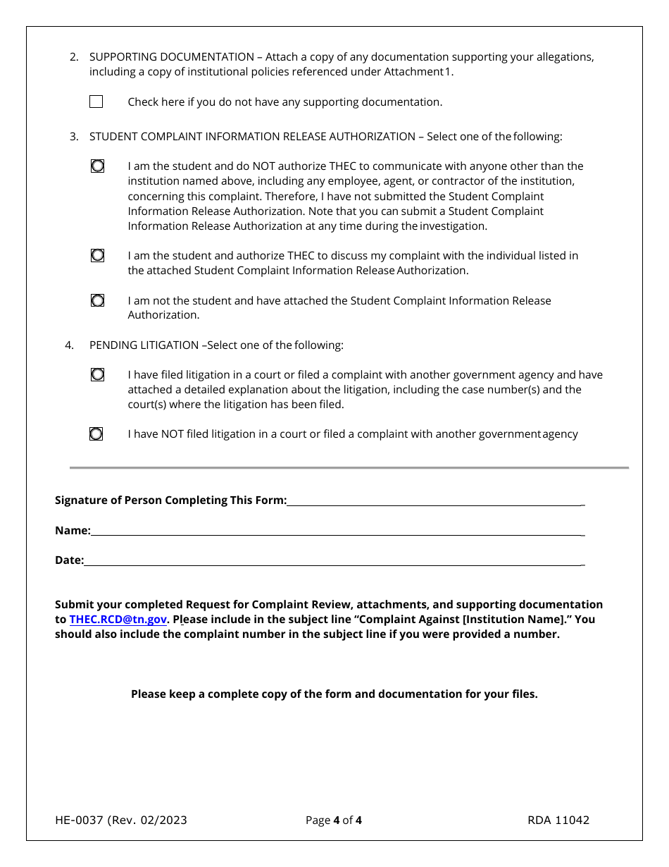 Form HE-0037 Request for Complaint Review - Tennessee, Page 4