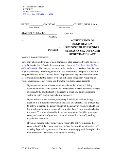 Form CC6:9 Notification of Registration Responsibilities Under Nebraska Sex Offender Registration Act - Nebraska
