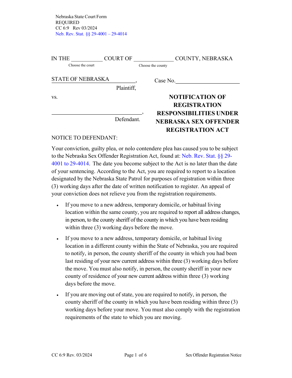 Form CC6:9 Notification of Registration Responsibilities Under Nebraska Sex Offender Registration Act - Nebraska, Page 1