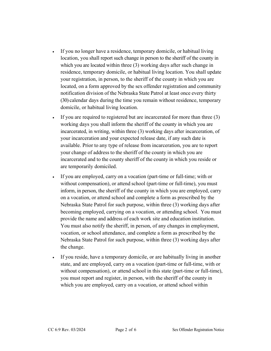 Form CC6:9 Notification of Registration Responsibilities Under Nebraska Sex Offender Registration Act - Nebraska, Page 2