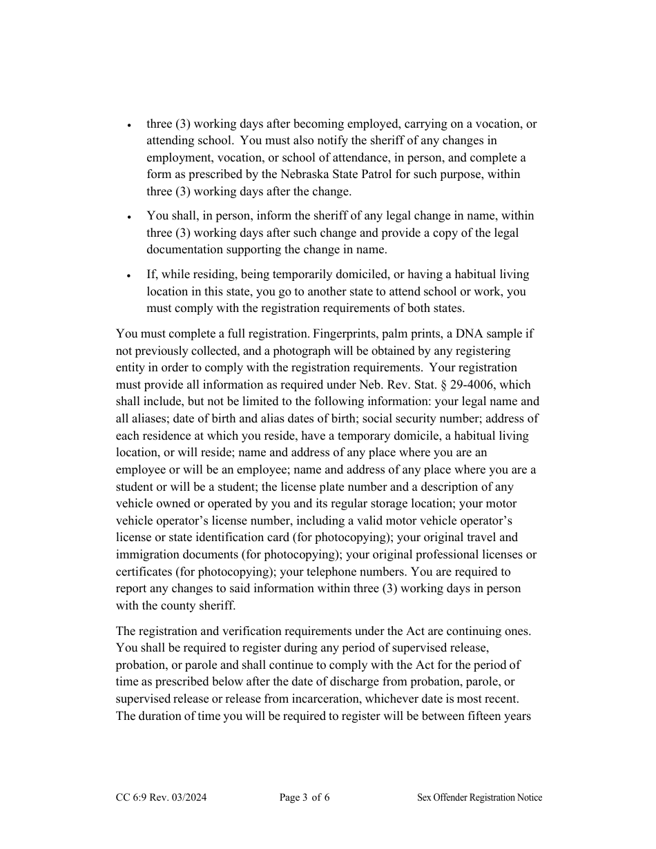 Form CC6:9 Notification of Registration Responsibilities Under Nebraska Sex Offender Registration Act - Nebraska, Page 3