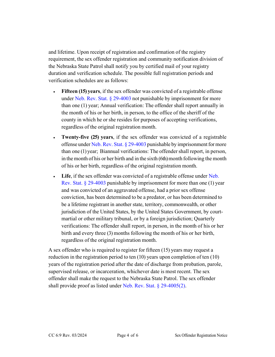 Form CC6:9 Notification of Registration Responsibilities Under Nebraska Sex Offender Registration Act - Nebraska, Page 4