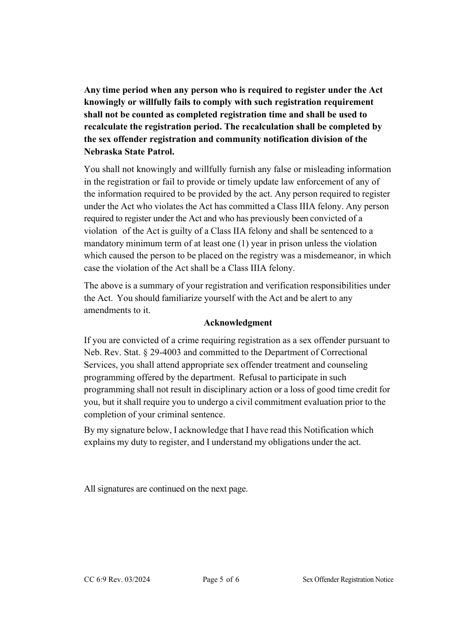 Form CC6:9 Notification of Registration Responsibilities Under Nebraska Sex Offender Registration Act - Nebraska, Page 5