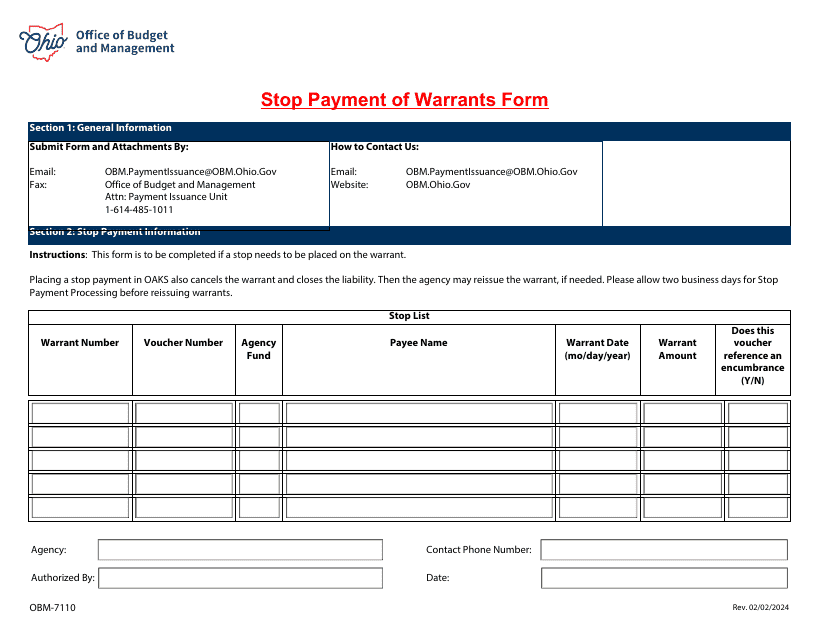 Form OBM-7110 Stop Payment of Warrants Form - Ohio