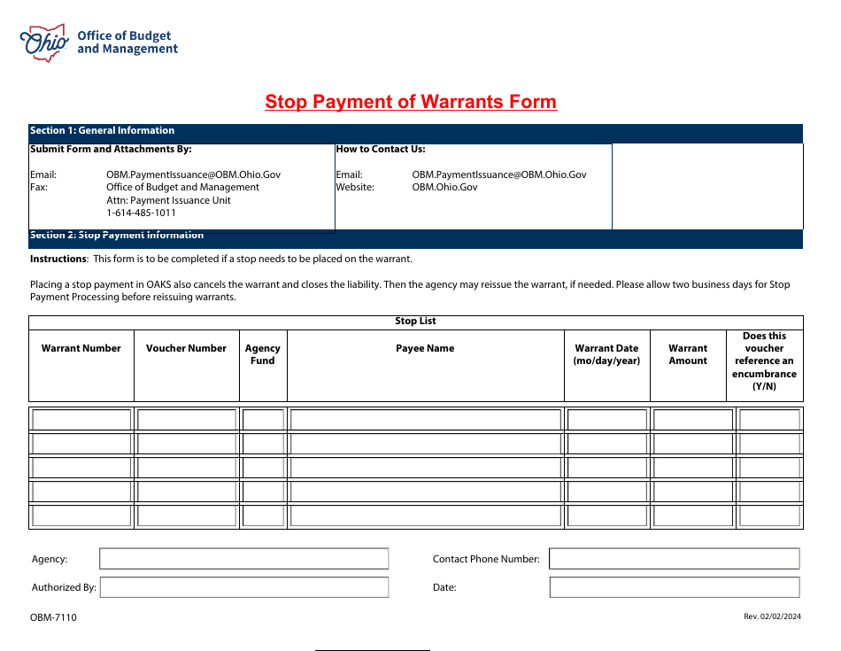 Form OBM-7110 Stop Payment of Warrants Form - Ohio, Page 1