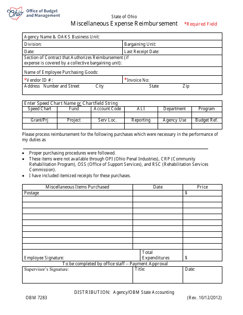 Form OBM7283 Miscellaneous Expense Reimbursement - Ohio