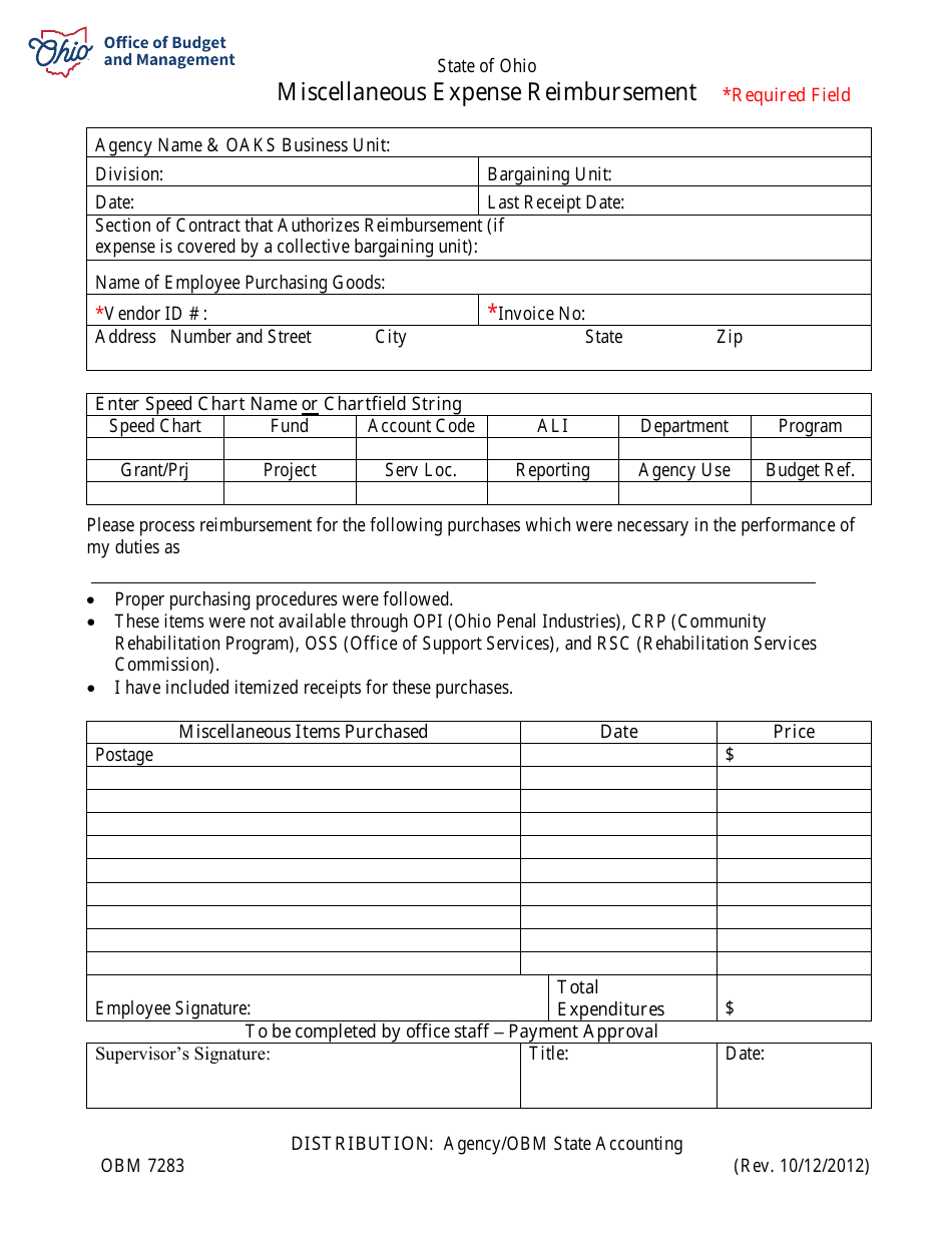 Form OBM7283 Miscellaneous Expense Reimbursement - Ohio, Page 1