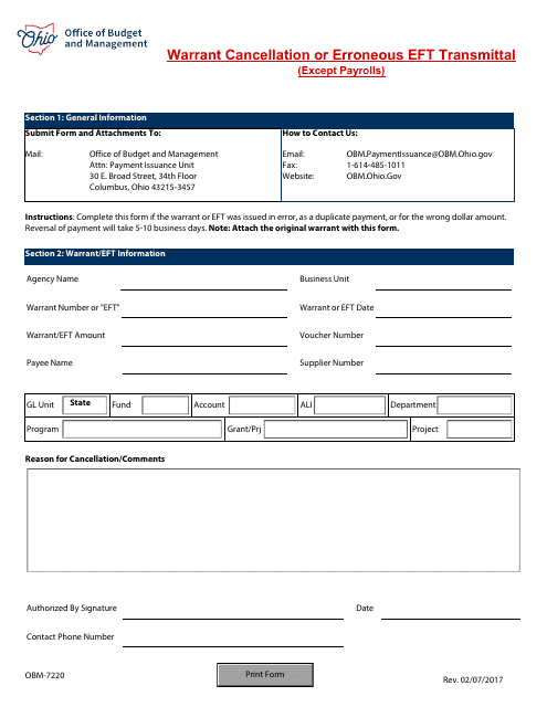 Form OBM-7220 Warrant Cancellation or Erroneous Eft Transmittal (Except Payrolls) - Ohio