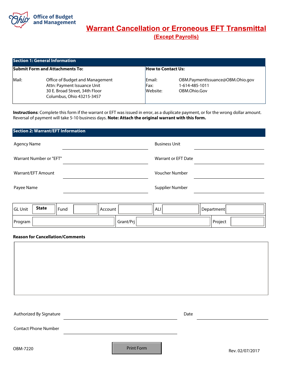 Form OBM-7220 Warrant Cancellation or Erroneous Eft Transmittal (Except Payrolls) - Ohio, Page 1