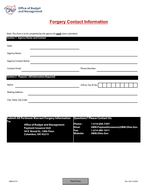 Form OBM-0210 Forgery Contact Information - Ohio