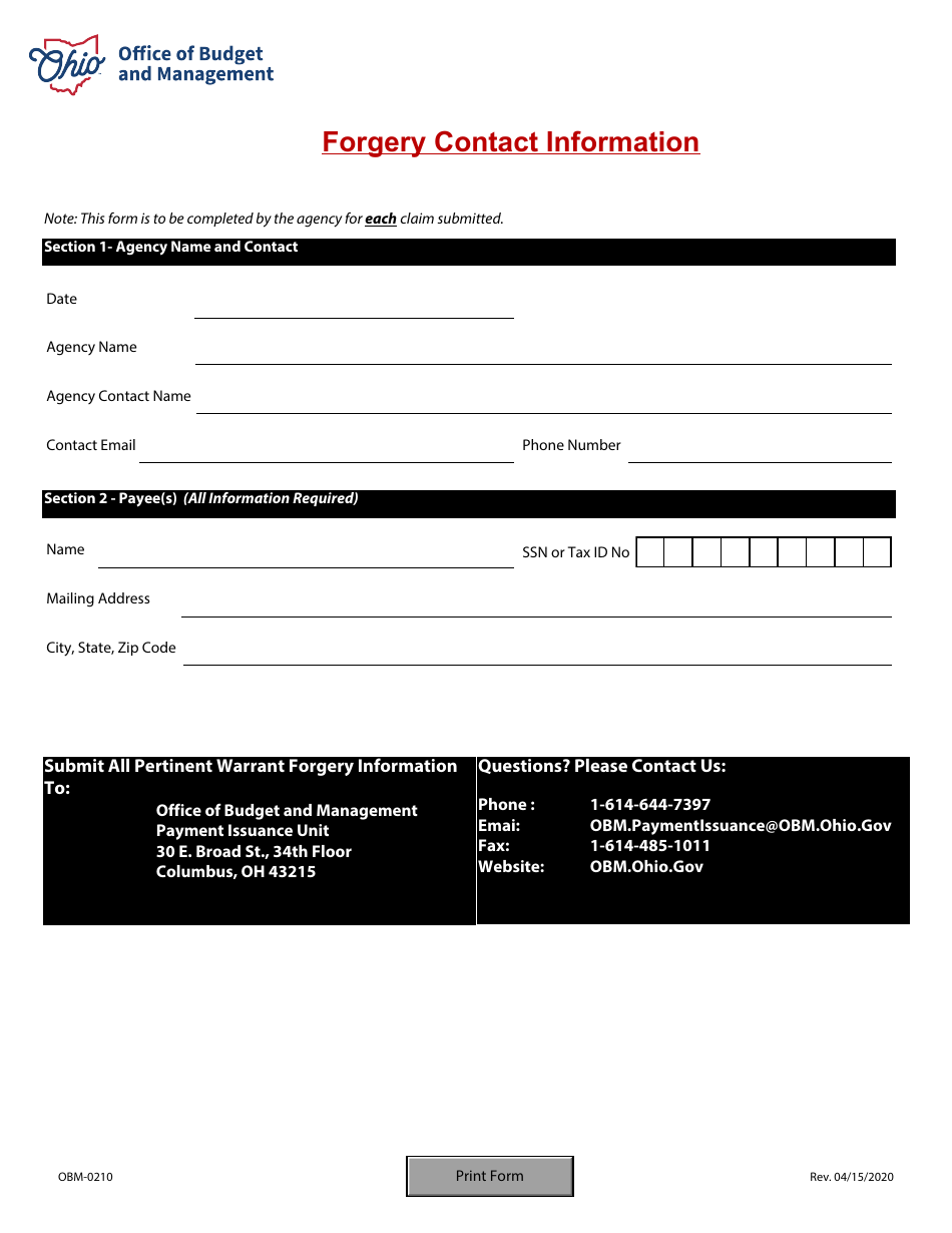 Form OBM-0210 Forgery Contact Information - Ohio, Page 1