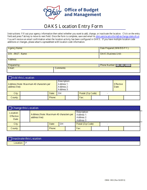 Form OBM-1452 Oaks Location Entry Form - Ohio