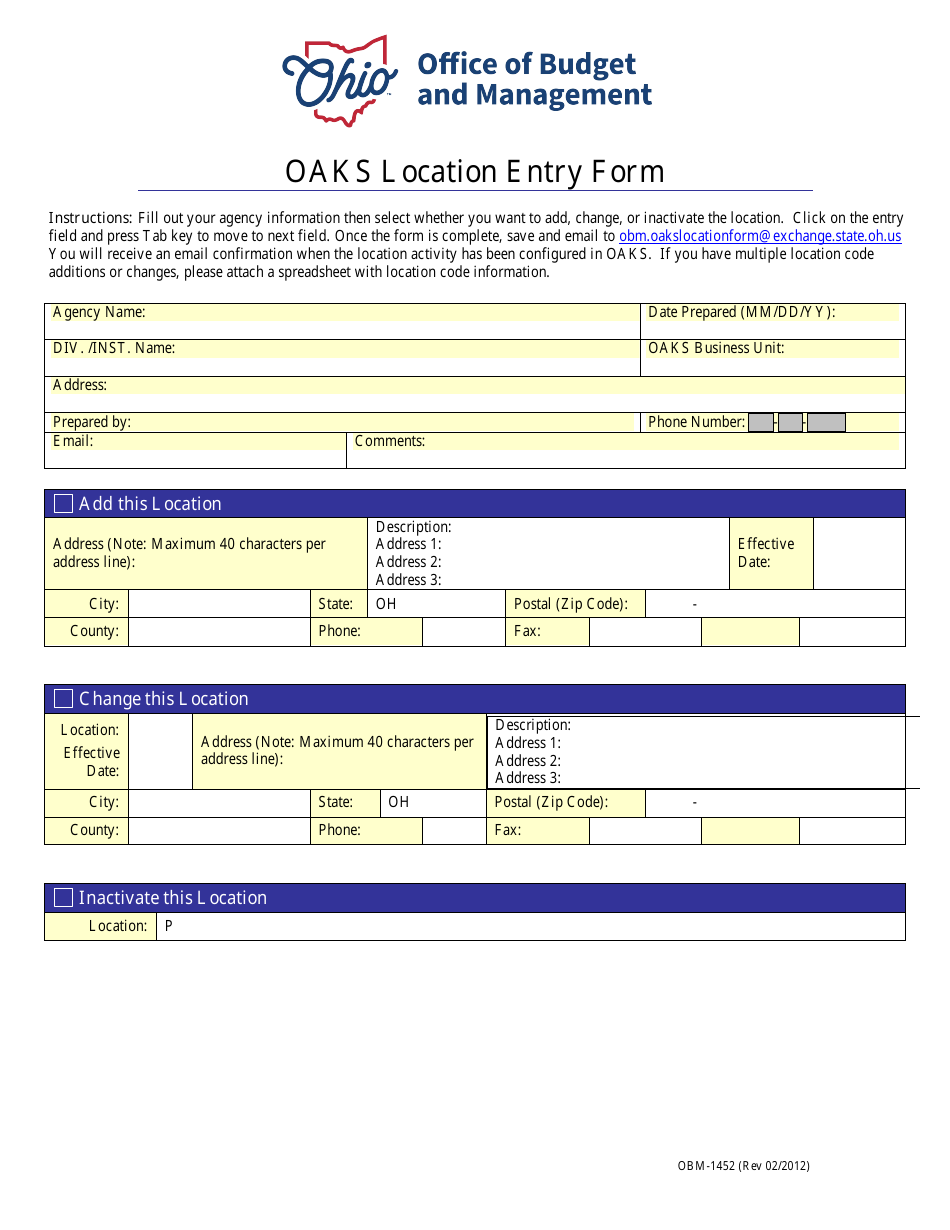 Form OBM-1452 Oaks Location Entry Form - Ohio, Page 1