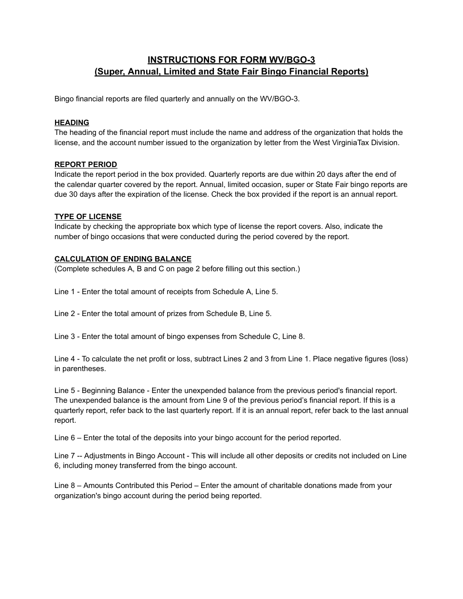 Instructions for Form BGO-3 Super, Annual, Limited  State Fair Bingo Financial Report - West Virginia, Page 1