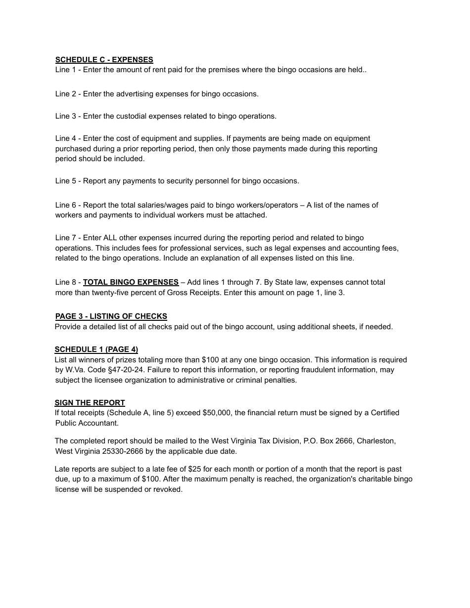 Instructions for Form BGO-3 Super, Annual, Limited  State Fair Bingo Financial Report - West Virginia, Page 3