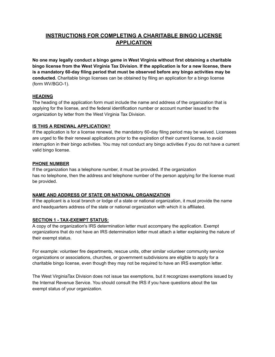 Instructions for Form BGO-1 Application for Annual, Limited, State Fair or Super Bingo License - West Virginia, Page 1