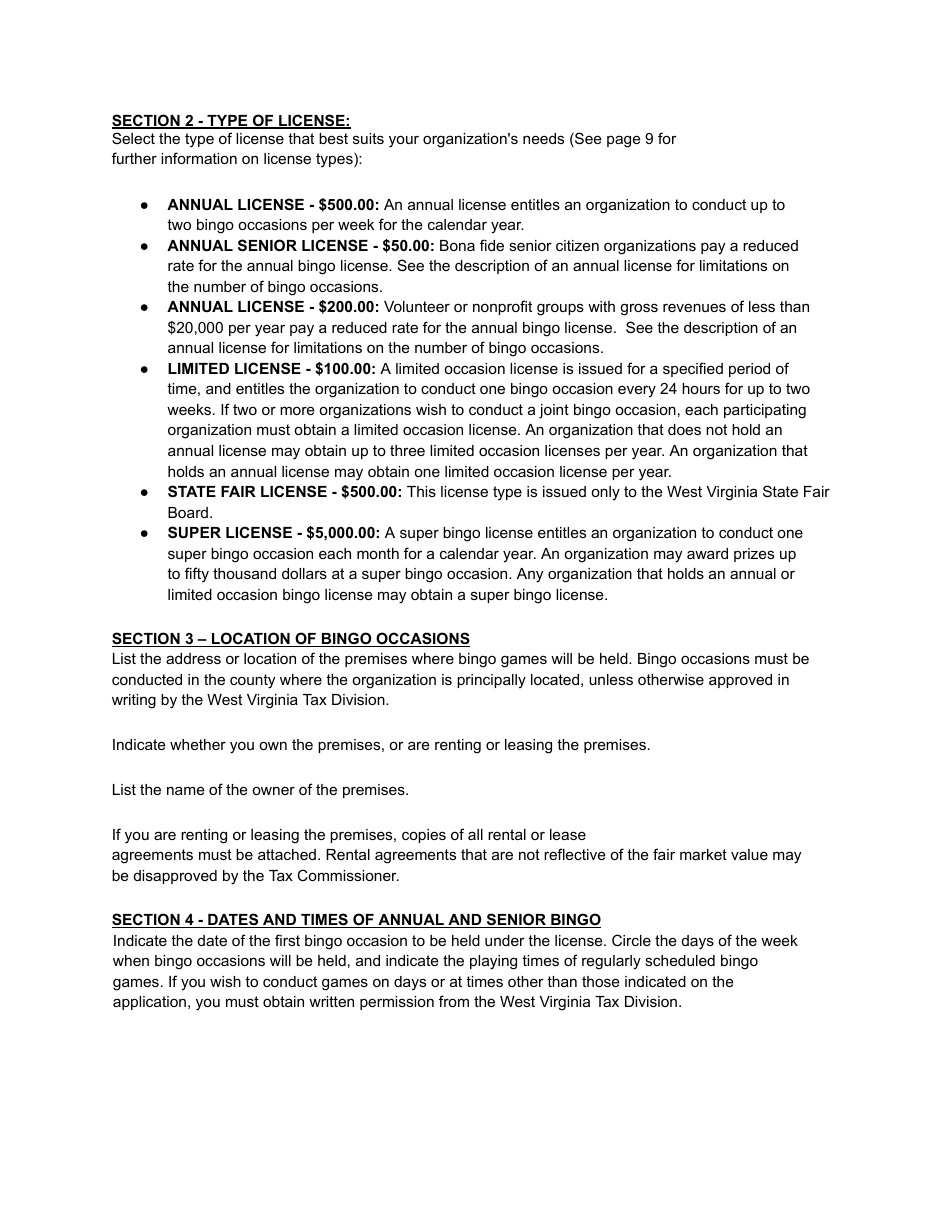 Instructions for Form BGO-1 Application for Annual, Limited, State Fair or Super Bingo License - West Virginia, Page 2