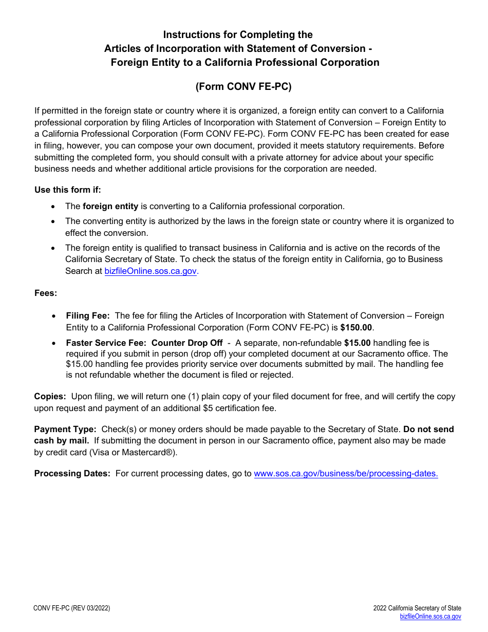 Form CONV FE-PC Articles of Incorporation With Statement of Conversion - Foreign Entity to a California Professional Corporation - California, Page 2
