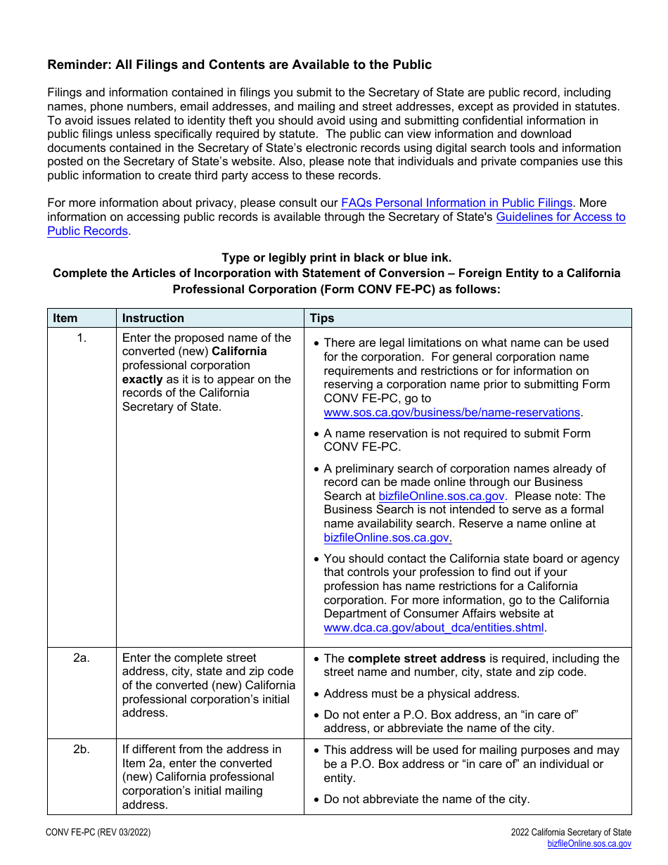 Form CONV FE-PC Articles of Incorporation With Statement of Conversion - Foreign Entity to a California Professional Corporation - California, Page 3