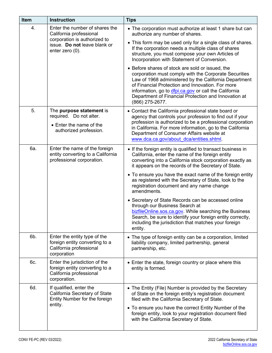 Form CONV FE-PC Articles of Incorporation With Statement of Conversion - Foreign Entity to a California Professional Corporation - California, Page 5