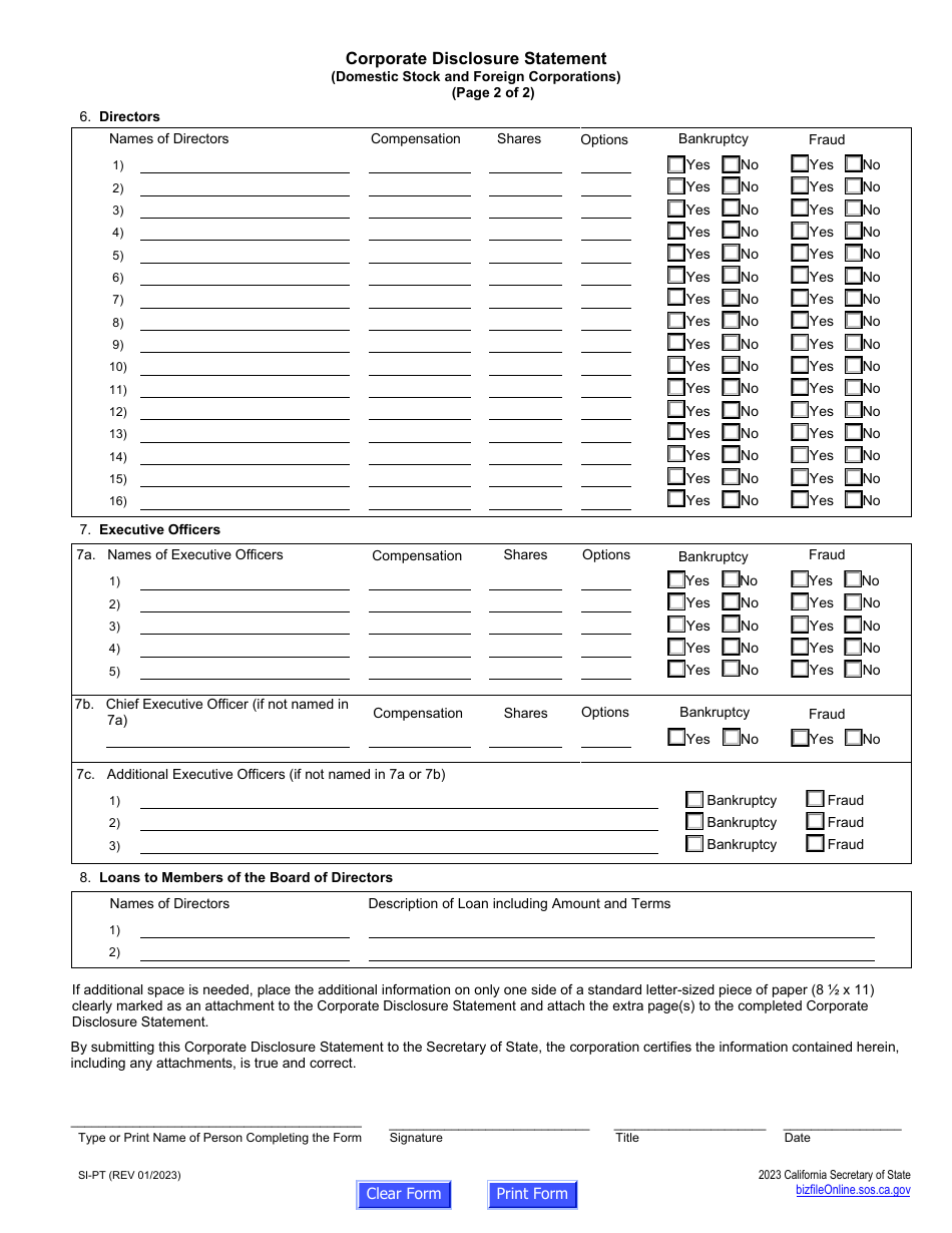 Form SI-PT Corporate Disclosure Statement (Domestic Stock and Foreign Corporations) - California, Page 3