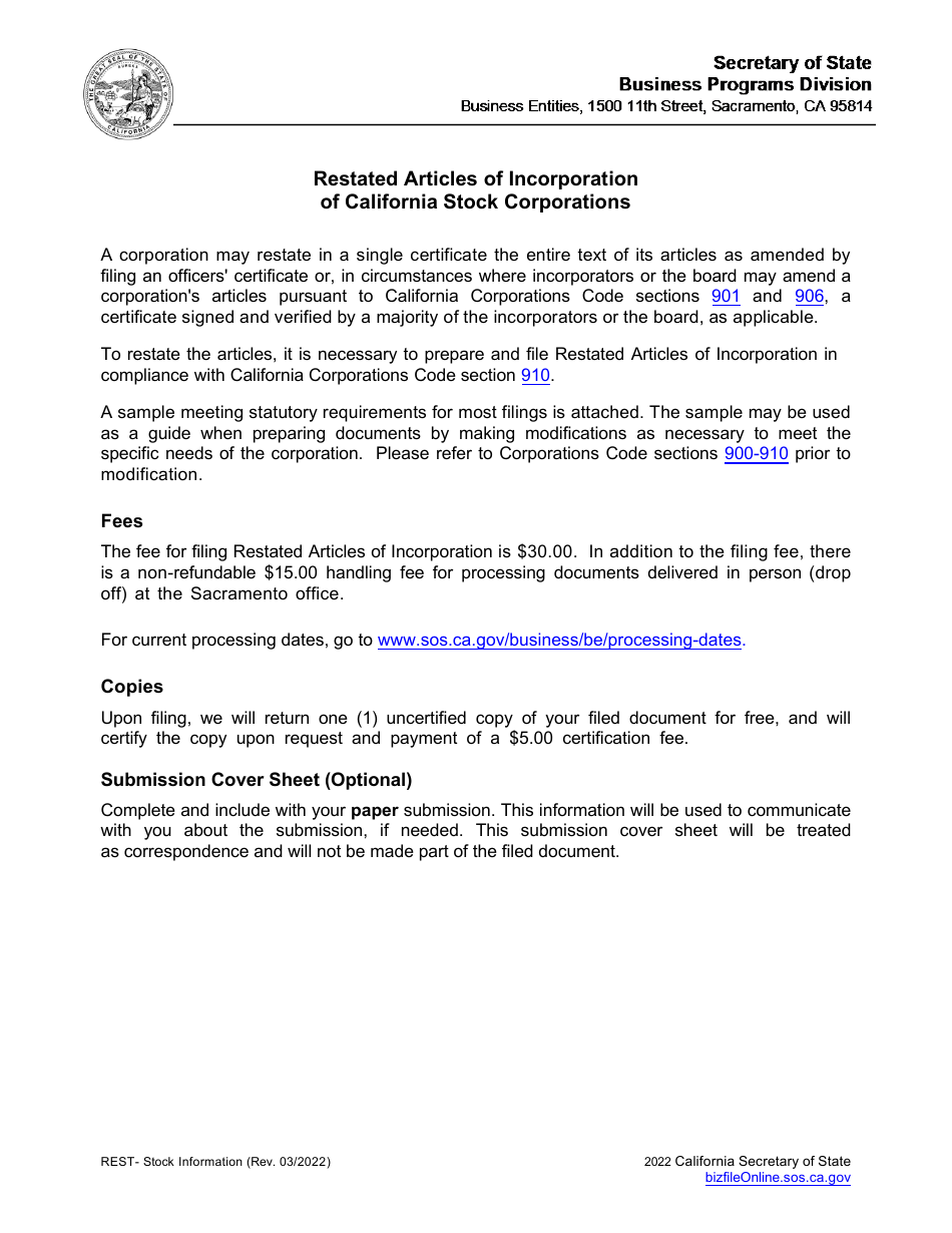 Restated Articles of Incorporation of California Stock Corporations - California, Page 2