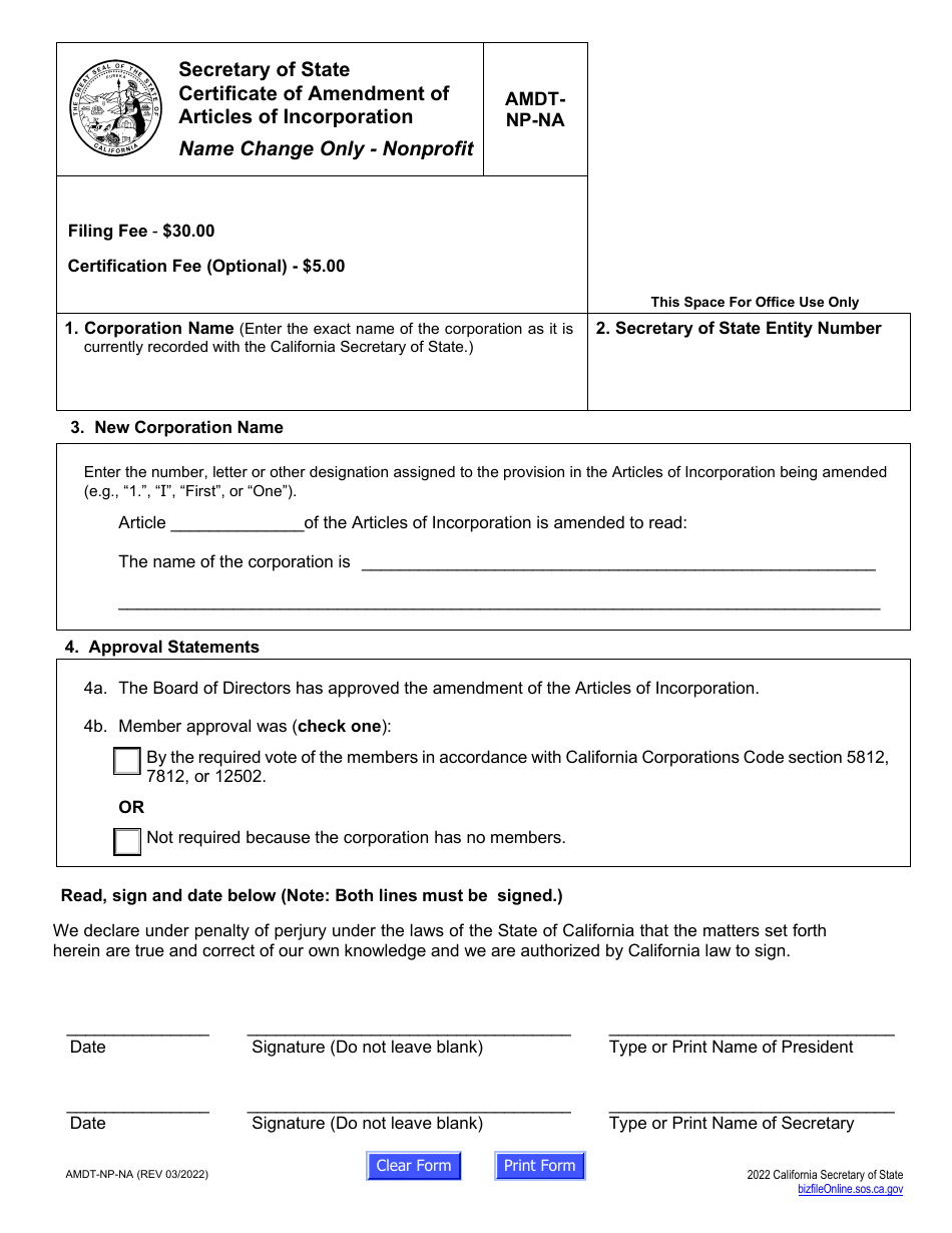 Form AMDTNP-NA Certificate of Amendment of Articles of Incorporation Name Change Only - Nonprofit - California, Page 2