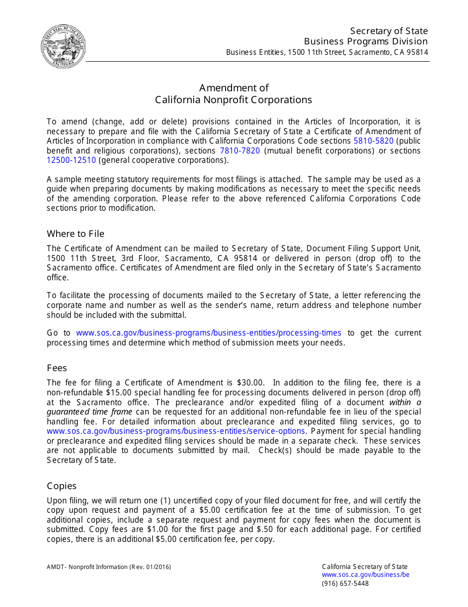 Certificate of Amendment of Articles of Incorporation - California, Page 1