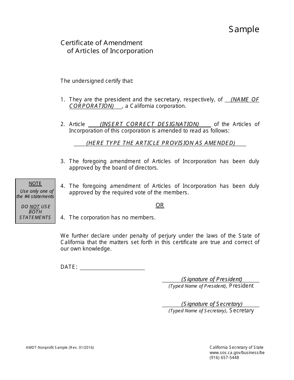 Certificate of Amendment of Articles of Incorporation - California, Page 4