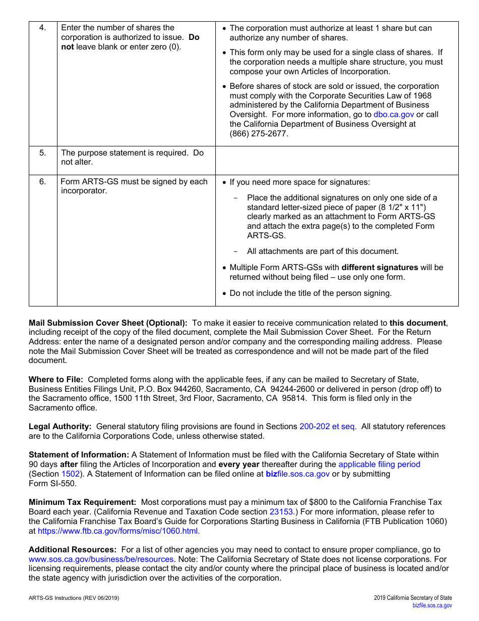 Form ARTS-GS Articles of Incorporation of a General Stock Corporation - California, Page 3