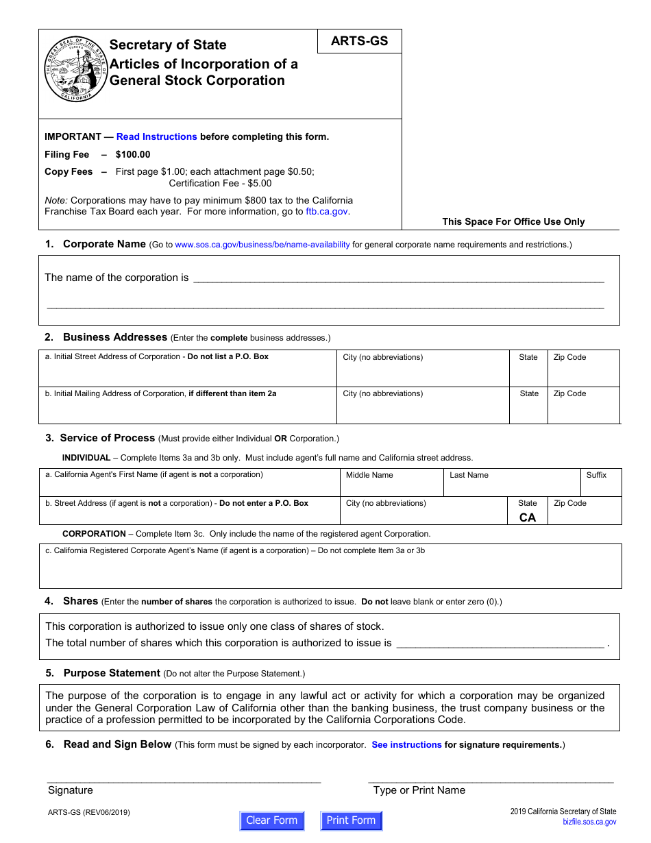 Form ARTS-GS Articles of Incorporation of a General Stock Corporation - California, Page 5