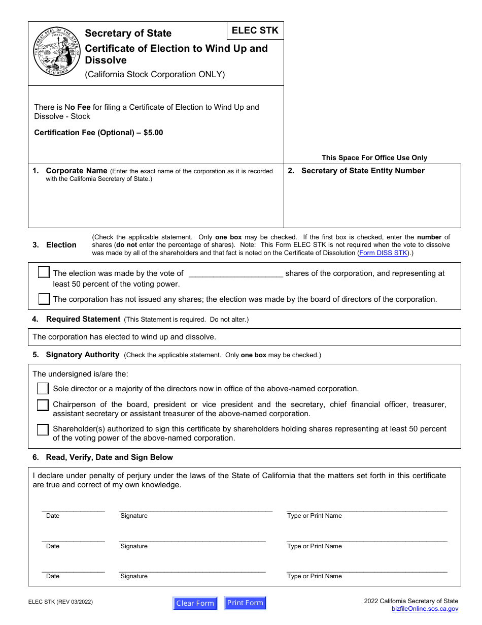 Form ELEC STK Certificate of Election to Wind up and Dissolve (California Stock Corporation Only) - California, Page 2