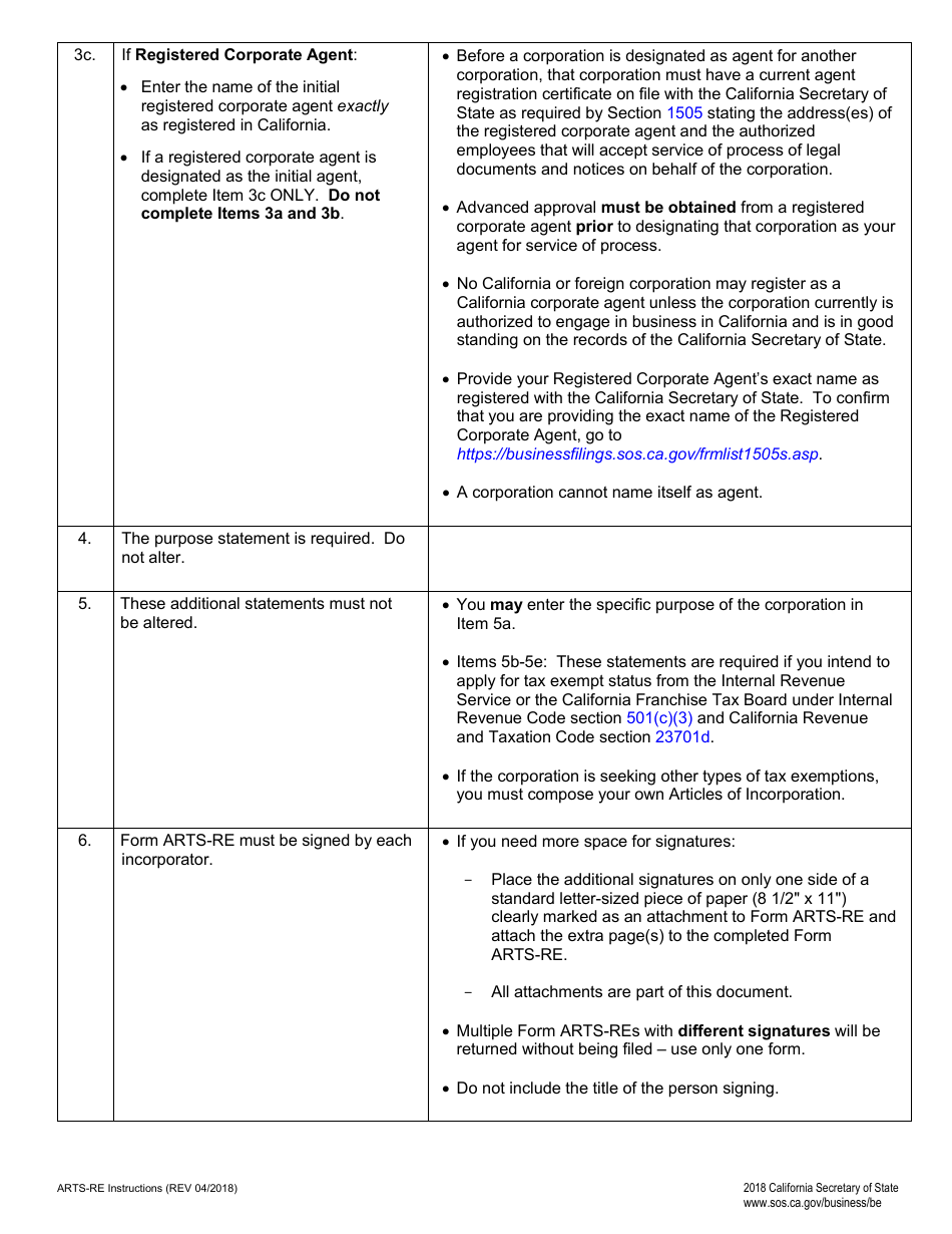 Form ARTS-RE Articles of Incorporation of a Nonprofit Religious Corporation - California, Page 3