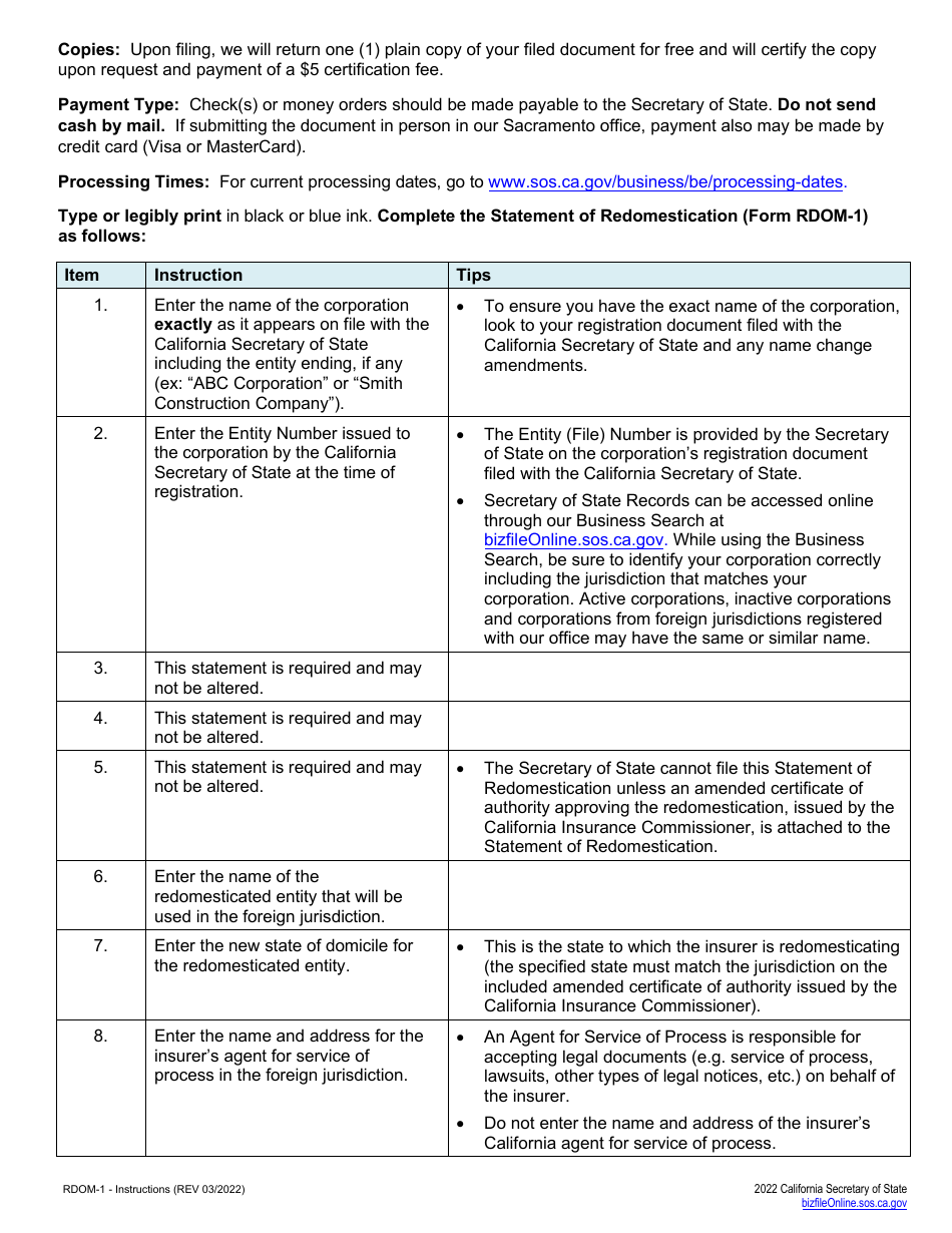 Form RDOM-1 Statement of Redomestication (California Insurer Only) - California, Page 3