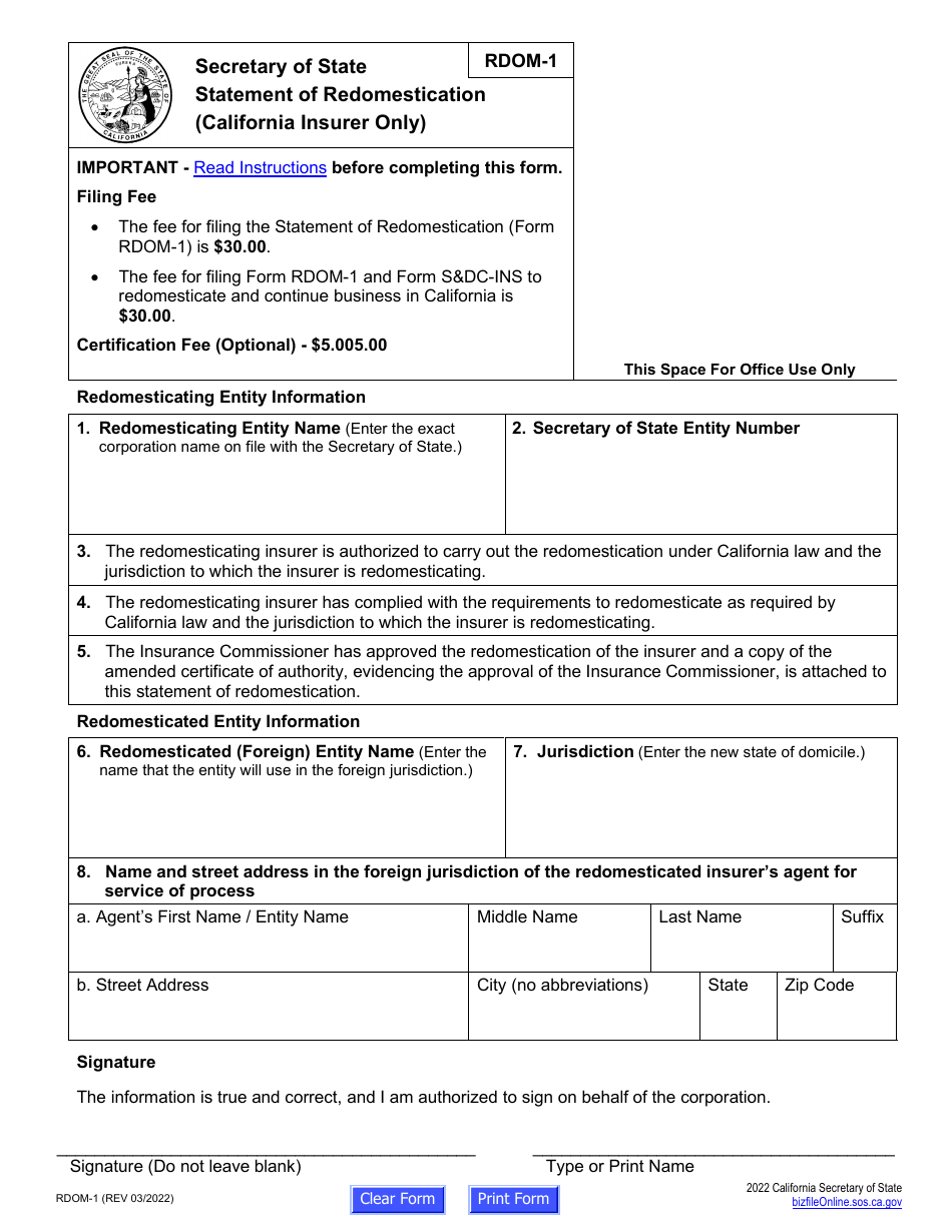 Form RDOM-1 Statement of Redomestication (California Insurer Only) - California, Page 5