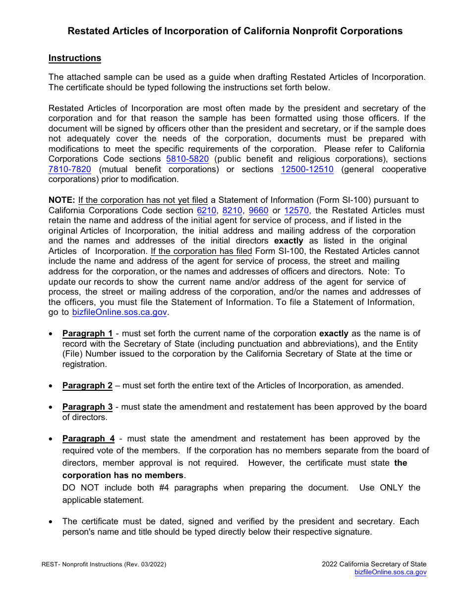 Restated Articles of Incorporation of California Nonprofit Corporations - California, Page 3