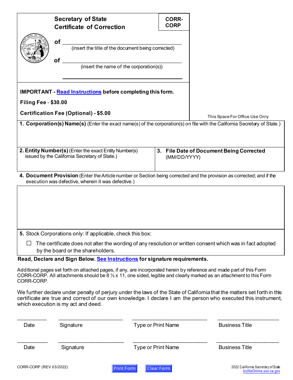 Form CORR-CORP Certificate of Correction - California, Page 5