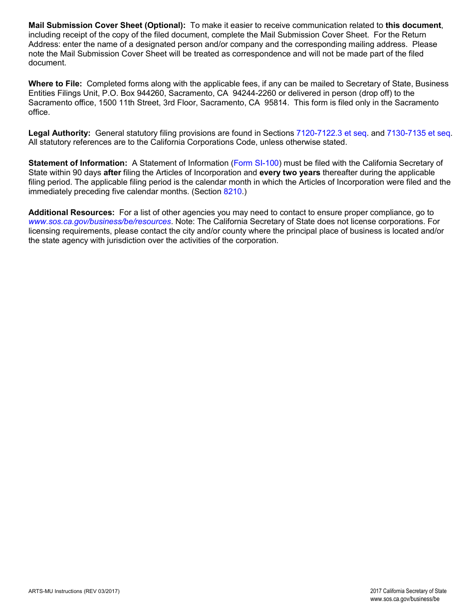 Form ARTS-MU Articles of Incorporation of a Nonprofit Mutual Benefit Corporation - California, Page 4