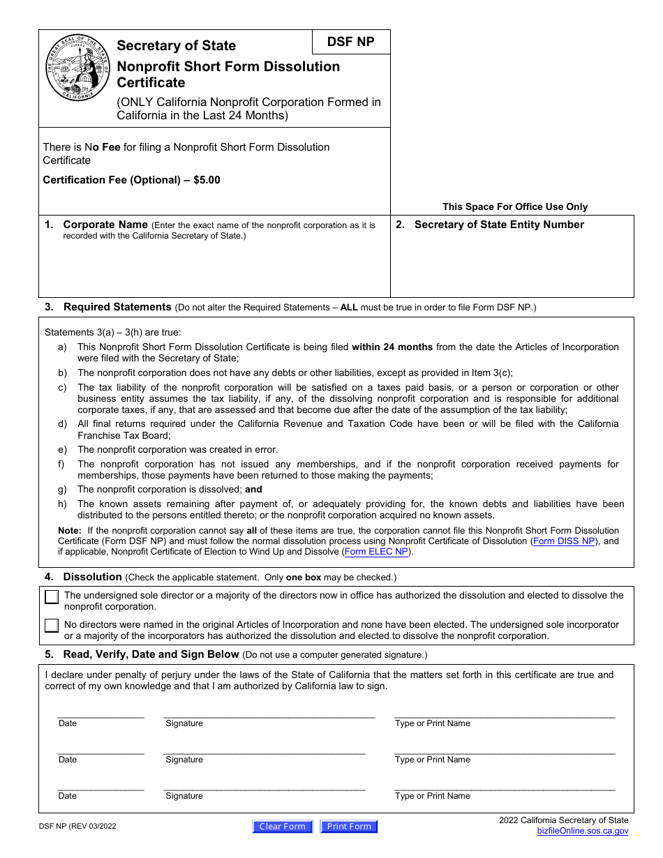Form DSF NP Nonprofit Short Form Dissolution Certificate (Only California Nonprofit Corporation Formed in California in the Last 24 Months) - California, Page 2
