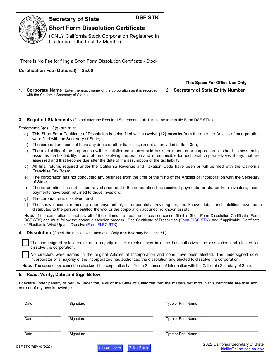 Form DSF STK Stock Corporation Short Form Dissolution Certificate - California, Page 2